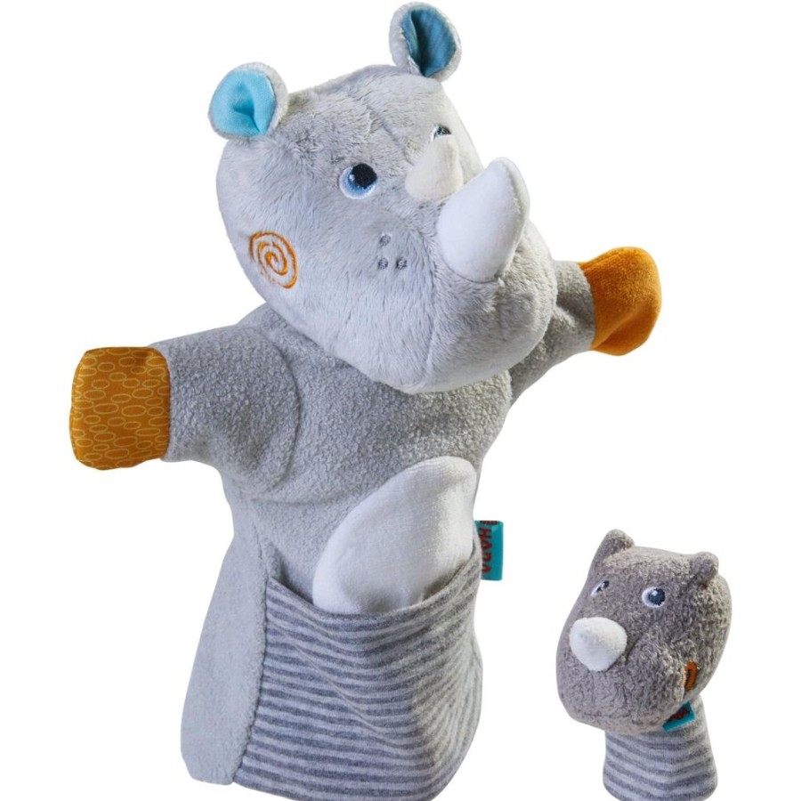 HABA Puppen | Handpuppe Nashorn Mit Baby-Kalb-Fingerpuppe